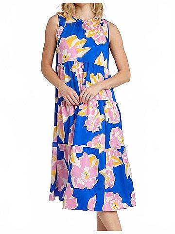 Umgee Sleeveless Tiered Midi Floral Print Dress in Royal Mix (view 2)