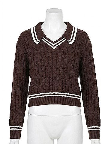 Olivaceous Collared Stripe Sweater in Brown/Ivory (view 1)