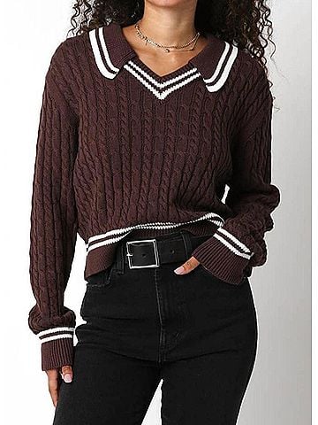 Olivaceous Collared Stripe Sweater in Brown/Ivory (view 2)