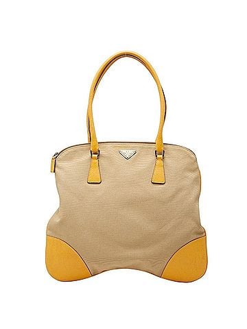 Prada Prada Triangle Logo Plate Tote Bag Shoulder Beige Yellow Canvas Leather Women's PRADA (view 1)