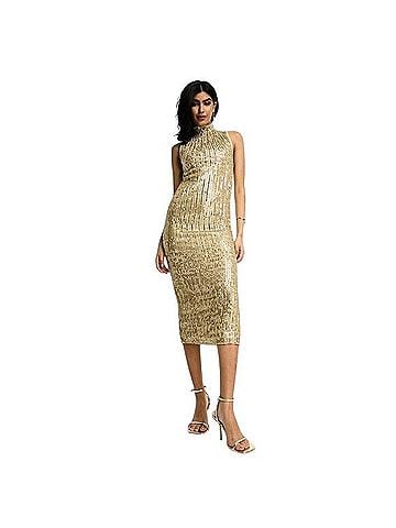 ASOS DESIGN High Neck Embellished Midi Dress Plisse Sequin Cocktail Dress (view 1)