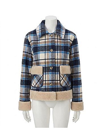 Tribal Plaid Jacket With Sherpa Trim And Lining in Sapphire (view 1)