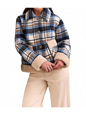 Tribal Plaid Jacket With Sherpa Trim And Lining in Sapphire (view 2)
