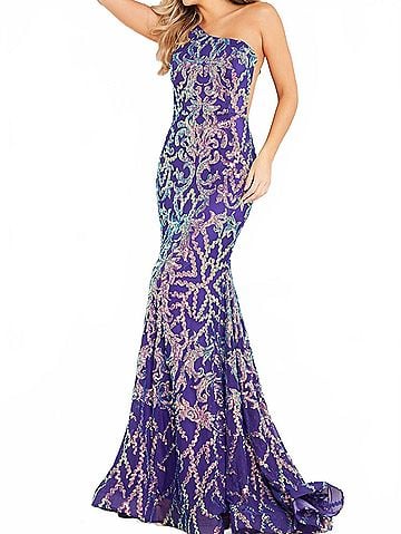 Jovani Embellished One Shoulder Dress in Iridescent Purple (view 2)
