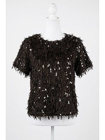Oddi Kim Sequin Furry Short Sleeve Top in Black (view 1)
