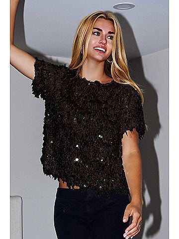 Oddi Kim Sequin Furry Short Sleeve Top in Black (view 2)