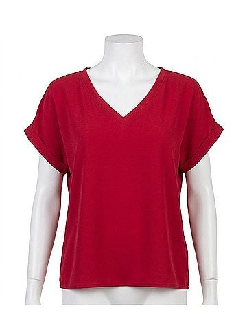ee:some Cuffed Short Sleeve V-Neck Top in Wine (view 1)