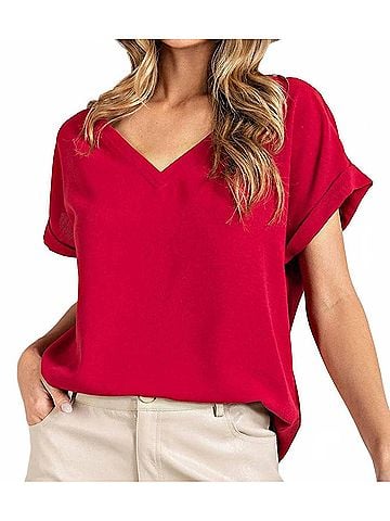 ee:some Cuffed Short Sleeve V-Neck Top in Wine (view 2)