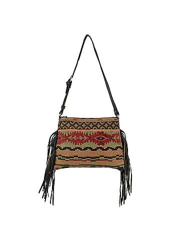 American West Women's Hand Woven Tapestry Zip Top Shoulder Bag With Fringe (view 1)