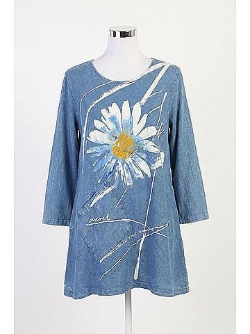 Jess & Jane Chit Chat Mineral Washed Cotton Top With Linen Contrast in Blue (view 1)