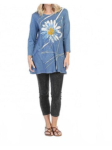 Jess & Jane Chit Chat Mineral Washed Cotton Top With Linen Contrast in Blue (view 2)
