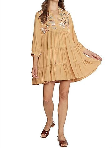 Entro Floral Embroidered Tiered Dress in Butter Rum (view 2)