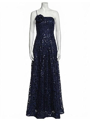 Jovani One-Shoulder Floral Lace A-Line Gown in Navy (view 1)