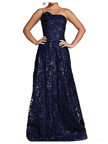 Jovani One-Shoulder Floral Lace A-Line Gown in Navy (view 2)
