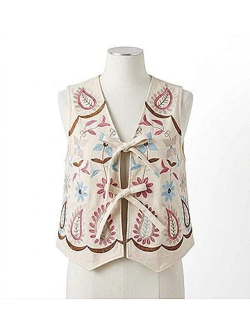 Easel Embroidery Detailing Suede Vest in Ecru (view 1)