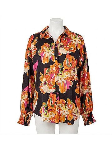 Jodifl Satin Vibrant Flower Print Button Front Shirt in Black (view 1)