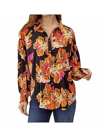 Jodifl Satin Vibrant Flower Print Button Front Shirt in Black (view 2)