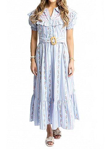 Karlie French Floral Embroidered Vine Dress With Belt in Blue Multi (view 2)