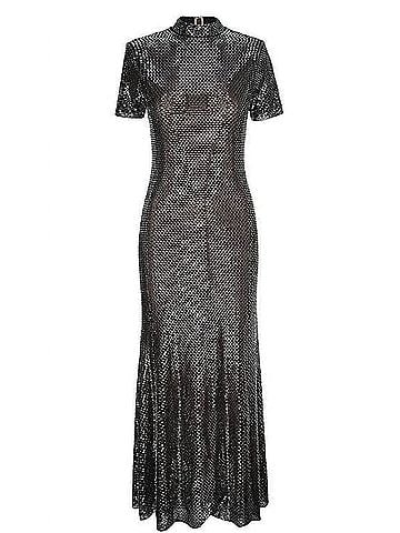 Self-Portrait Rhinestone Mesh Midi Dress in Gunmetal (view 1)