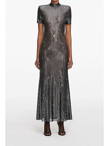 Self-Portrait Rhinestone Mesh Midi Dress in Gunmetal (view 2)