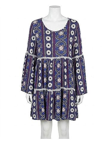 Velzera Crochet Bell Sleeve Mini Dress in Purple (view 1)