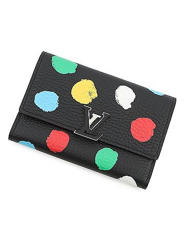 Louis Vuitton Louis Vuitton Tri-fold Wallet, Taurillon Leather/Painted Dots, LV×YK, Portefeuille Capucines Compact, M81963, Black, Designed by Yayoi Kusama (view 1)