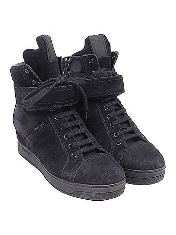 Prada Prada Sport High-Top Wedge Sneakers in Black Suede (view 1)