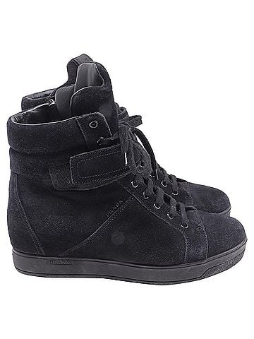 Prada Prada Sport High-Top Wedge Sneakers in Black Suede (view 2)