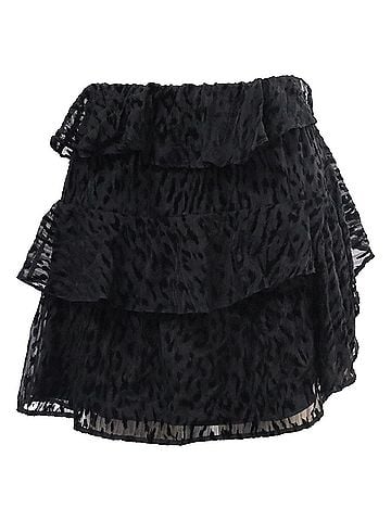 IRO  Iro Leopard-Accent Mini Tiered Skirt in Black Silk (view 1)