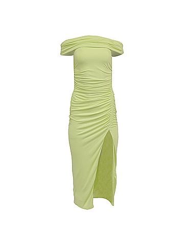 Self-Portrait Self-Portrait Off-Shoulder Ruched Midi Dress in Lime Green Viscose (view 1)