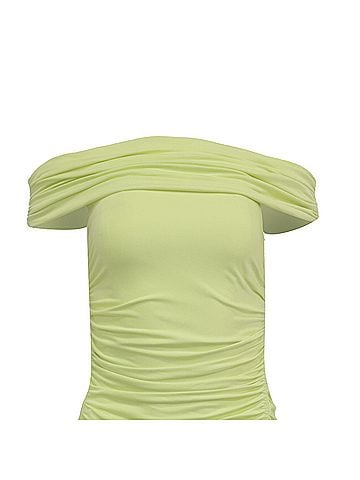 Self-Portrait Self-Portrait Off-Shoulder Ruched Midi Dress in Lime Green Viscose (view 2)