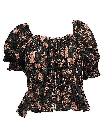 Ulla Johnson  Ulla Johnson Printed gathered Blouse in Black Cotton (view 1)