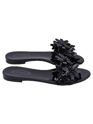 Tod's Tod's Floral-Applique Slide Flat Sandals in Black Patent Leather (view 1)