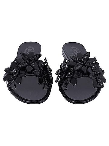 Tod's Tod's Floral-Applique Slide Flat Sandals in Black Patent Leather (view 2)