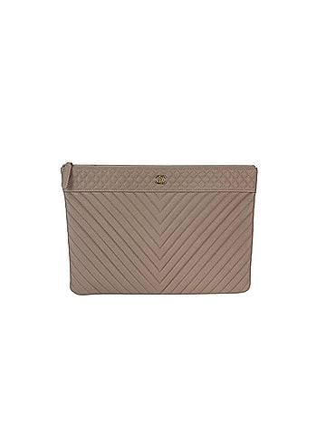 Chanel Chanel Caviar Chevron Quilted Large Beige Leather Cosmetic Clutch Bag (view 1)