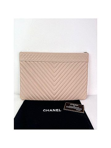 Chanel Chanel Caviar Chevron Quilted Large Beige Leather Cosmetic Clutch Bag (view 2)