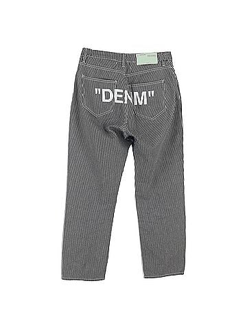 OFF-WHITE Off-White Cropped Striped High Rise Straight Leg Jeans in Light Blue Cotton (view 2)