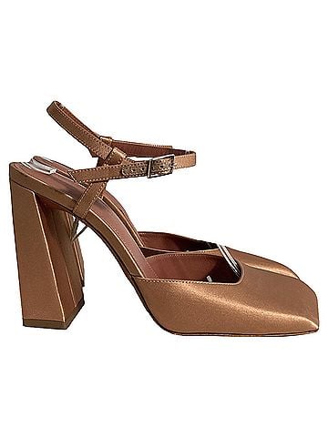 Amina Muaddi Amina Muaddi Charlotte Pumps in Brown Satin (view 1)