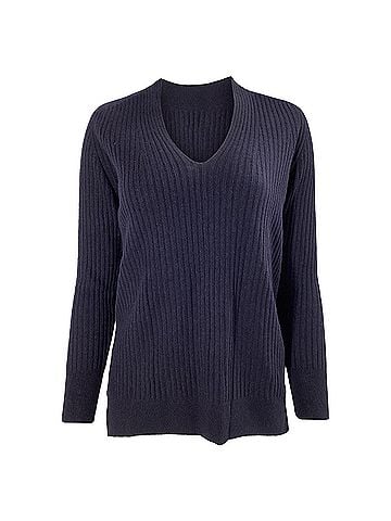 Iris & Ink Iris & Ink V-neck Ribbed Sweater in Navy Blue Cashmere (view 1)