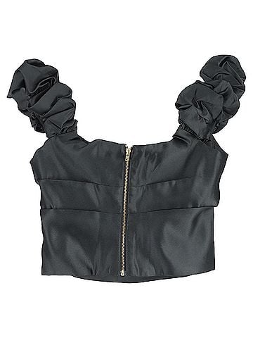 LoveShackFancy  Loveshackfancy Pleated Scrunched Off-Shoulder Crop Top in Black Polyester (view 2)