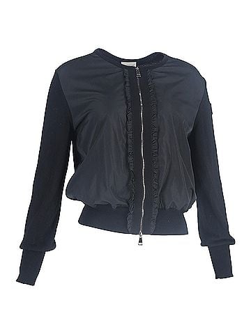 Moncler  Moncler Ruffle Zipped Detail Cardigan in Black Wool and Polyester (view 1)