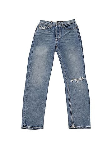 RE/DONE Redone Cropped Distressed Straight Jeans in Blue Denim (view 1)