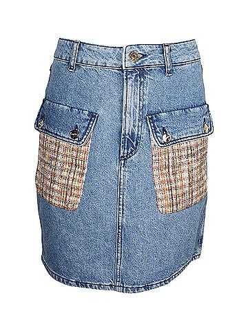 Sandro Sandro Paris Fiorina Tweed-Paneled Denim Skirt in Blue Cotton (view 1)
