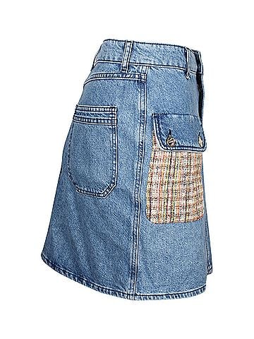 Sandro Sandro Paris Fiorina Tweed-Paneled Denim Skirt in Blue Cotton (view 2)