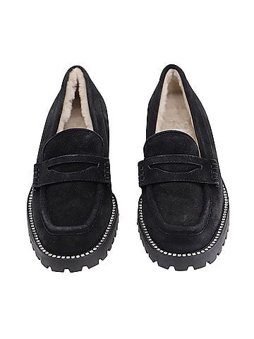 Jimmy Choo Jimmy Choo Deanna Crystal-Embellished Shearling-Lined Loafers in Black Suede (view 2)