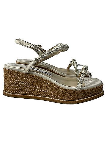 Jimmy Choo Jimmy Choo Latte Wedge Sandals with Pearls in White Nappa Leather (view 1)