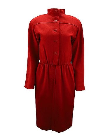 Oscar De La Renta Oscar De La Renta Long Sleeve Buttoned Midi Dress in Red Wool (view 1)