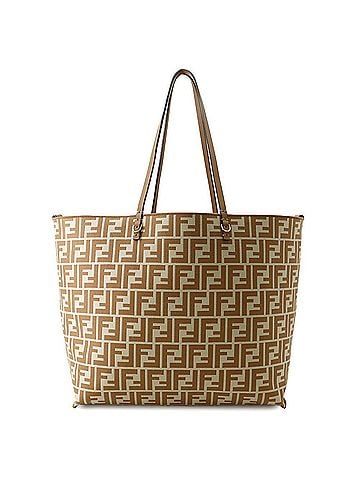 Fendi Fendi Pecan Roll Reversible Tote Bag with FF Motif, Striped Canvas and Leather, 8BH425, FENDI Handbag, (view 1)