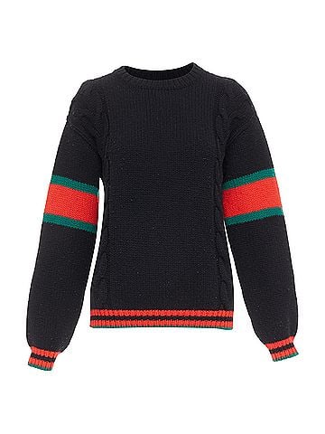 Gucci Gucci 2021 black wool red green trim cable braid crew neck sweater (view 1)