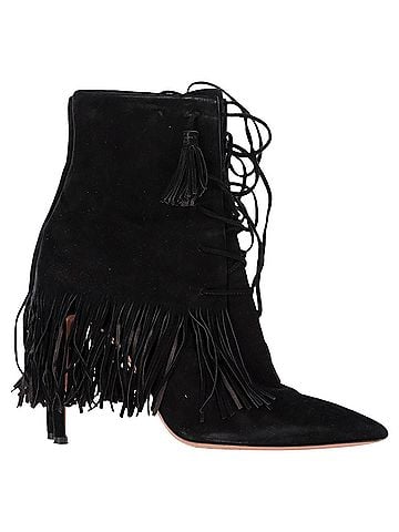 Aquazzura  Aquazzura Mustang 105 Fringe Heeled Ankle Boots in Black Suede (view 1)